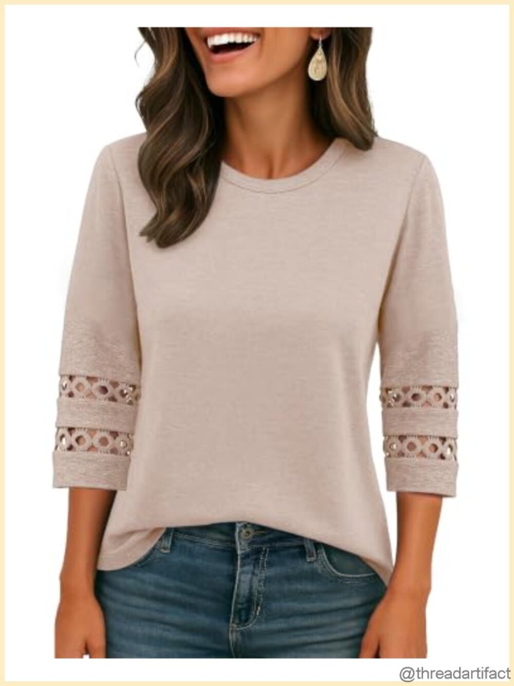 Women's Crew Neck 3/4 Lace Sleeve Blouse Loose Fit Soft Stretchy Casual Summer